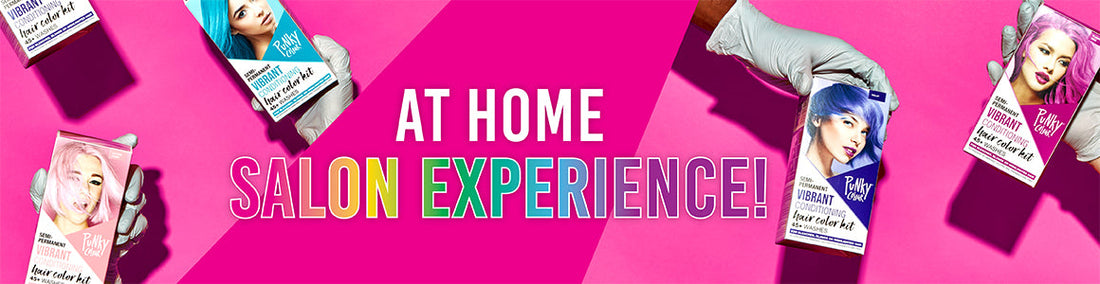 Pink background with semi permanent color kits being displayed and text saying "At Home Salon Experience!"