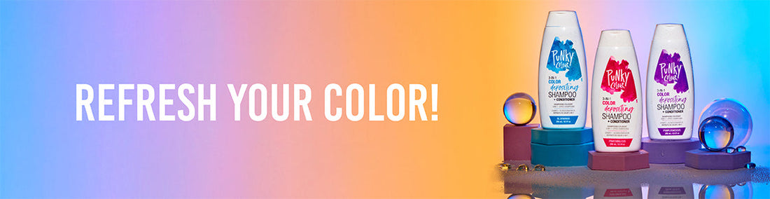 Blue and orange gradient background displaying 3-in-1 shampoo bottles with orbs around it and text saying "Refresh Your Color!"