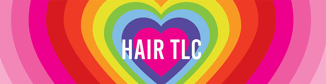 Rainbow heart shaped background with text saying "Hair TLC"