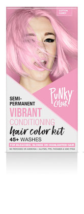 The front side of Punky Colour Semi-Permanent Hair Color Kit Cotton Candy box featuring model, product name, & description