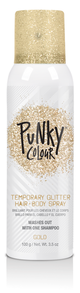 Punky Colour gold glitter spray front view – A full product shot of the Punky Colour temporary glitter spray for hair and body in shimmering gold.