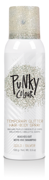 Punky Colour gold/silver glitter spray front view – A full product shot of the Punky Colour temporary glitter spray for hair and body.