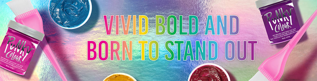 Holographic background with semi-permanent color jars and brushes, text also saying "Vivid Bold and Born To Stand Out"