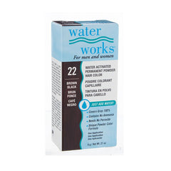 Water Works brown black powder hair dye box – A close-up of the Water Works permanent powder hair color box  featuring product details.