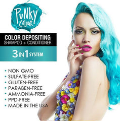 Punky Colour Model with Teal Hair – Woman with long, vibrant teal hair showcasing color depositing shampoo results.