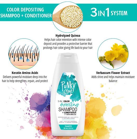 Punky Colour 3-in-1 Shampoo Benefits – Infographic detailing hydrolyzed quinoa, keratin amino acids, and verbascum flower extract.