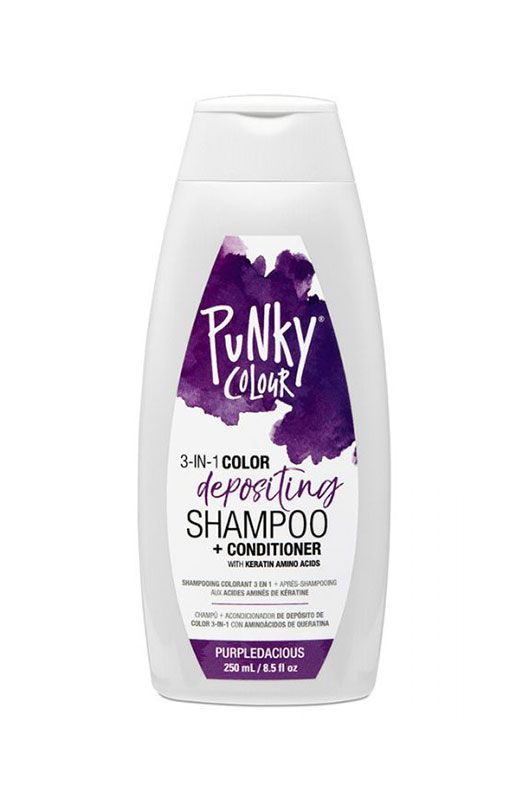 Punky Colour 3-in-1 Color Depositing Shampoo + Conditioner in Purpledacious, 250 ml bottle.