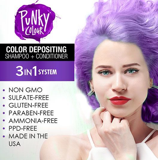 Woman with lavender hair promoting Punky Colour Purpledacious shampoo, emphasizing sulfate-free and paraben-free formula.