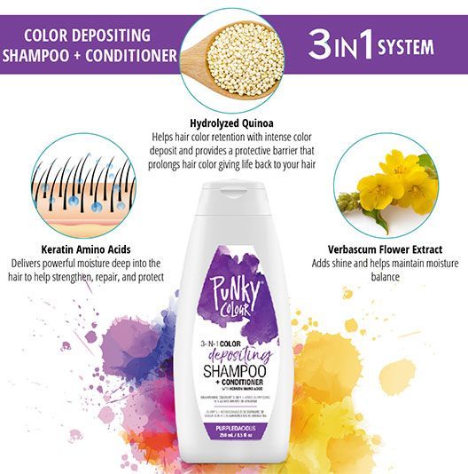 Infographic highlighting the benefits of Punky Colour Purpledacious 3-in-1 Shampoo, including keratin, quinoa, and verbascum flower extract.