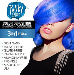 Model with Vibrant Blue Hair – Stunning look featuring rich blue dyed hair. Non-GMO, sulfate-free, & made in the USA.