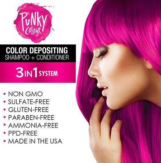 Punky Colour Pinktabulous 3-in-1 Shampoo – vibrant pink color-depositing shampoo. Model with bold pink hair and soft makeup.