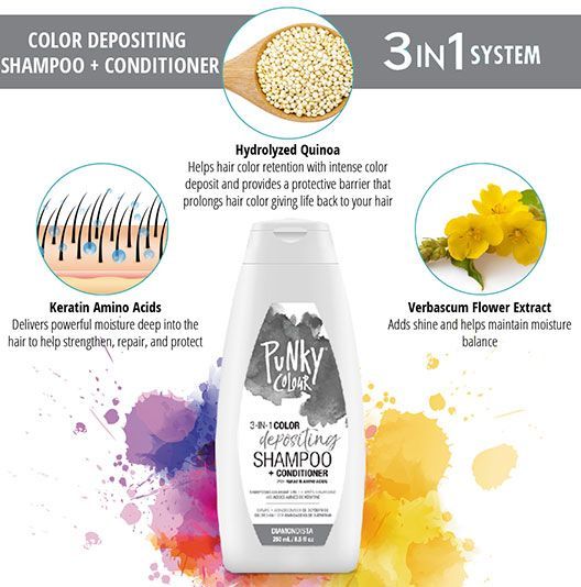 Punky Colour Diamondista Ingredients & Benefits Infographic – 3-in-1 color shampoo with keratin, hydrolyzed quinoa & verbascum flower extract.