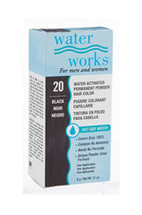 Water Works black powder hair dye packaging – Another angle of the Water Works box, emphasizing the water-activated permanent hair color formula.