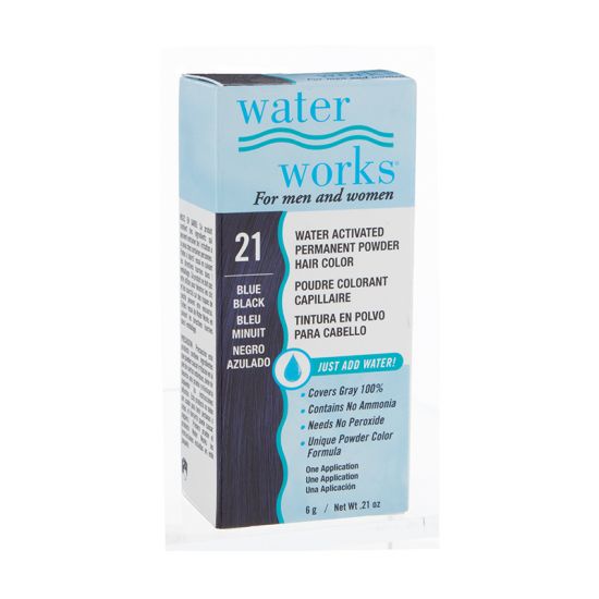 Water Works blue black powder hair dye packaging – Another angle of the Water Works box, emphasizing the water-activated permanent hair color formula.