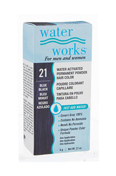 Water Works blue black powder hair dye box – A close-up of the Water Works permanent powder hair color box  featuring product details.