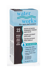 Water Works brown black powder hair dye packaging – Another angle of the Water Works box, emphasizing the water-activated permanent hair color formula.