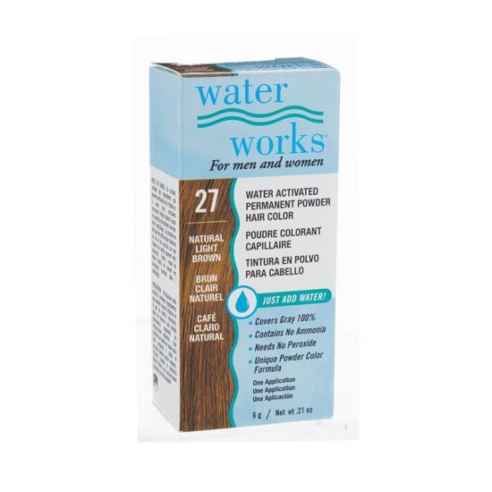 Water Works natural light brown powder hair dye packaging – Another angle of the Water Works box, emphasizing the water-activated permanent hair color formula.