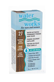 Water Works natural light brown powder hair dye box – A close-up of the Water Works permanent powder hair color box  featuring product details.