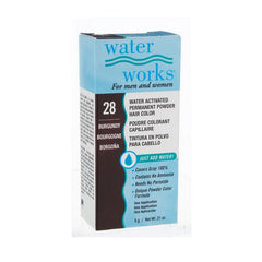 Water Works burgundy powder hair dye packaging – Another angle of the Water Works box, emphasizing the water-activated permanent hair color formula.