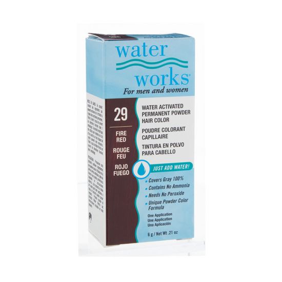 Water Works fire red powder hair dye packaging – Another angle of the Water Works box, emphasizing the water-activated permanent hair color formula.