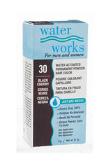 Water Works black cherry powder hair dye box – A close-up of the Water Works permanent powder hair color box  featuring product details.