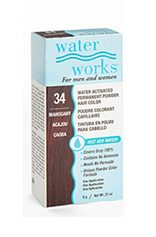 Water Works mahogany powder hair dye box – A close-up of the Water Works permanent powder hair color box  featuring product details.