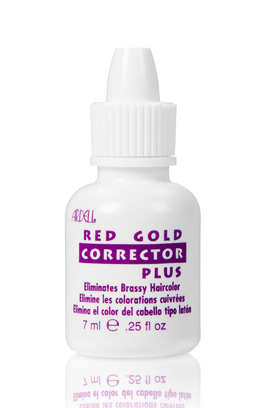 Ardell Red Gold Corrector Plus bottle close-up – A white bottle with purple branding designed to neutralize brassiness in dyed hair.