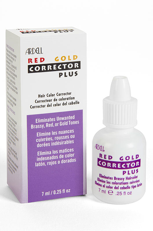 Ardell Red Gold Corrector Plus bottle and box – A 7ml hair color corrector solution displayed alongside its packaging for brassy tone removal.