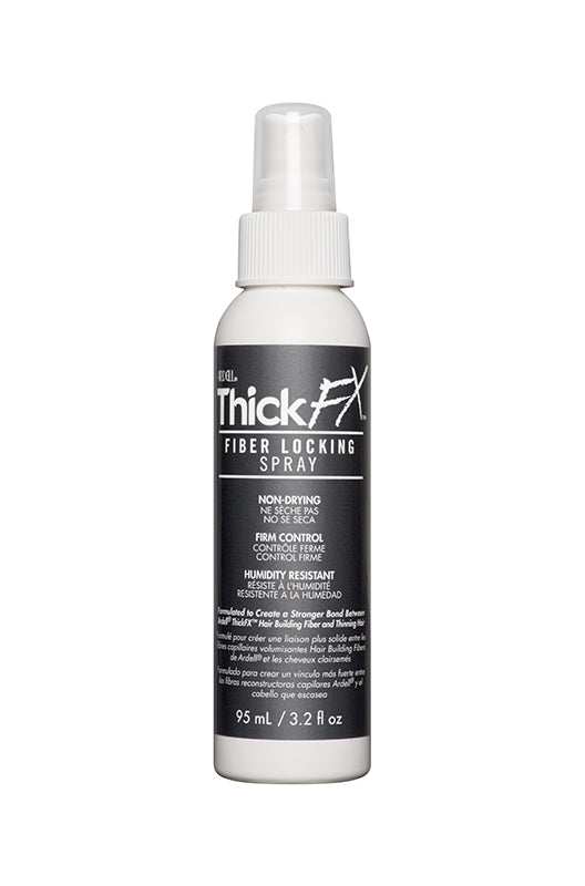 Thick FX Fiber Locking Spray bottle – A sleek black spray bottle for hair fibers, offering firm control and humidity resistance for lasting results.