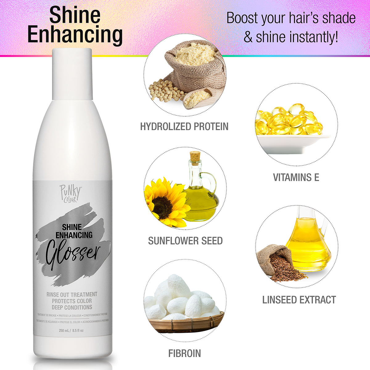Shine enhancing glosser bottle with ingredients listed on a colorful background