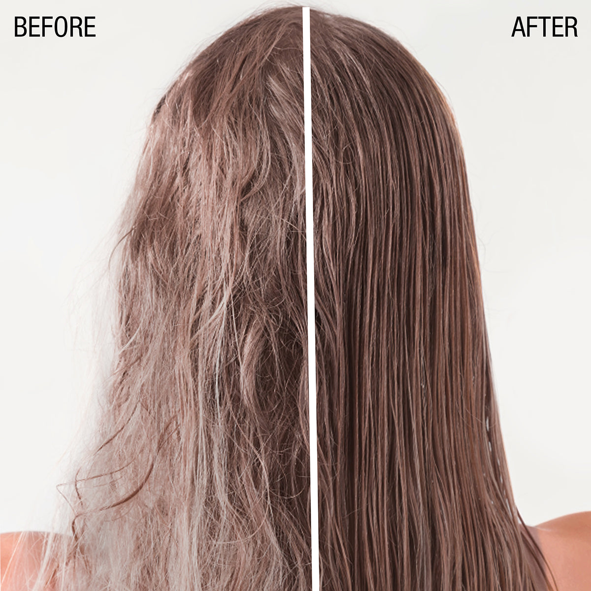 Before and after comparison of hair treatment on a person with long, wavy hair.