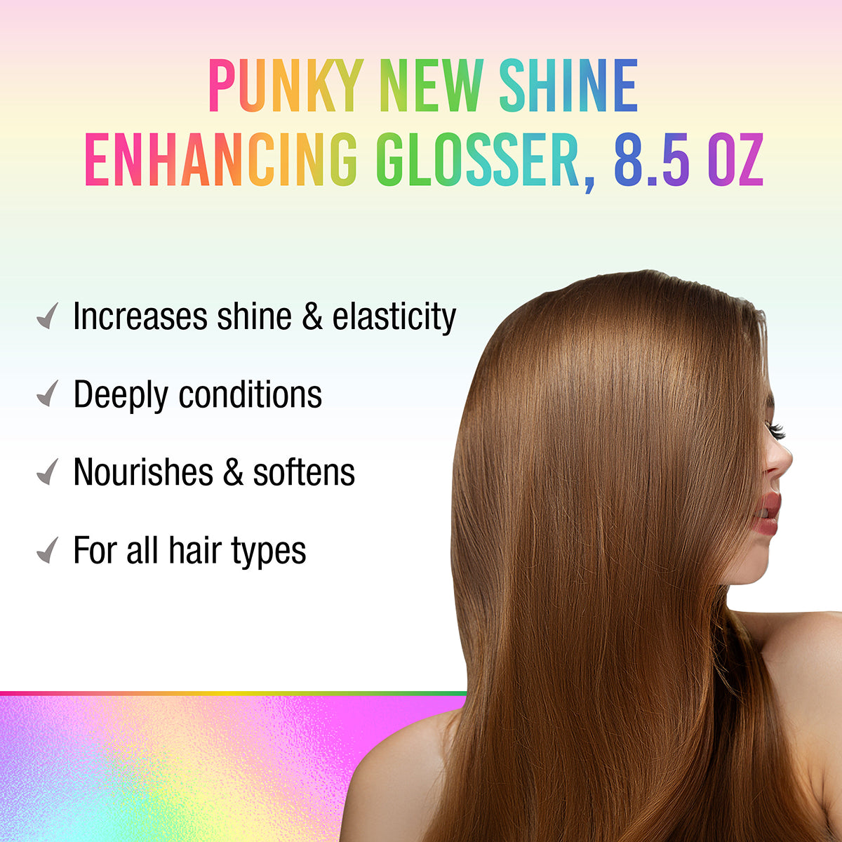 Hair gloss product advertisement with a woman's hair and product details on a colorful background