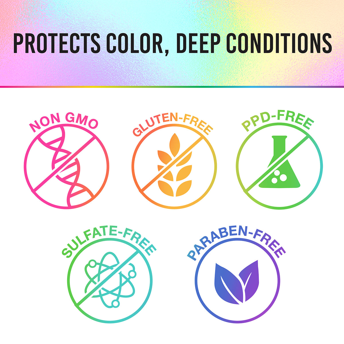 Set of icons indicating non-GMO, gluten-free, PPD-free, sulfate-free, and paraben-free products on a colorful background.
