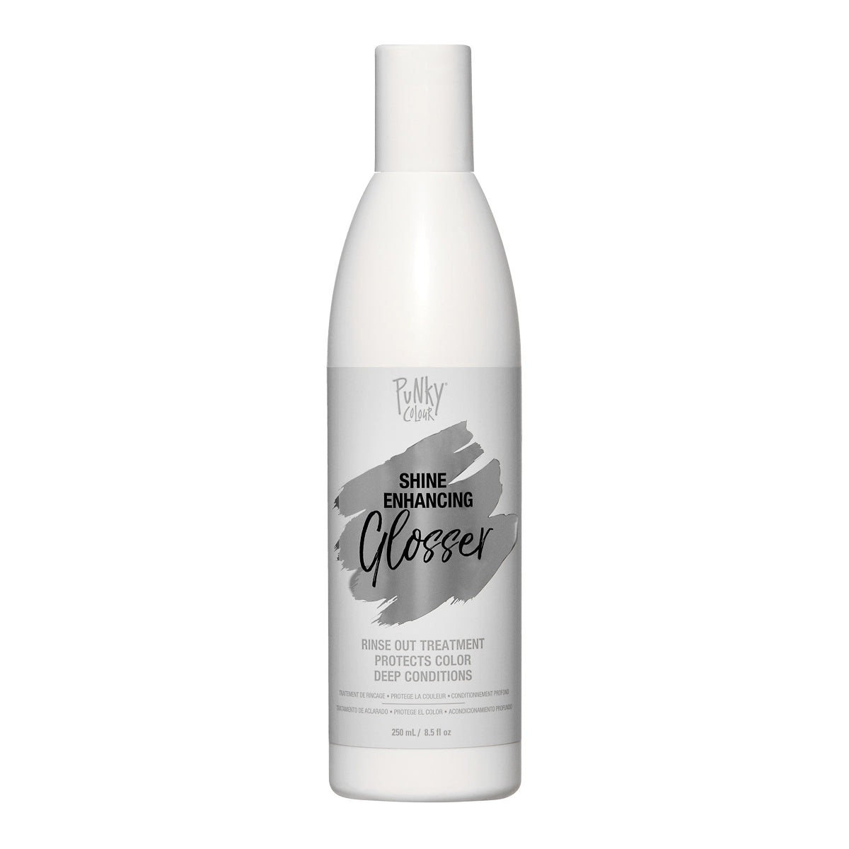 White bottle of 'Shine Enhancing Glosser' on a white background