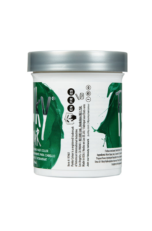 Side View of Punky Colour Alpine Green Hair Dye - Jar of Alpine Green hair color showcasing product details and multilingual labeling.