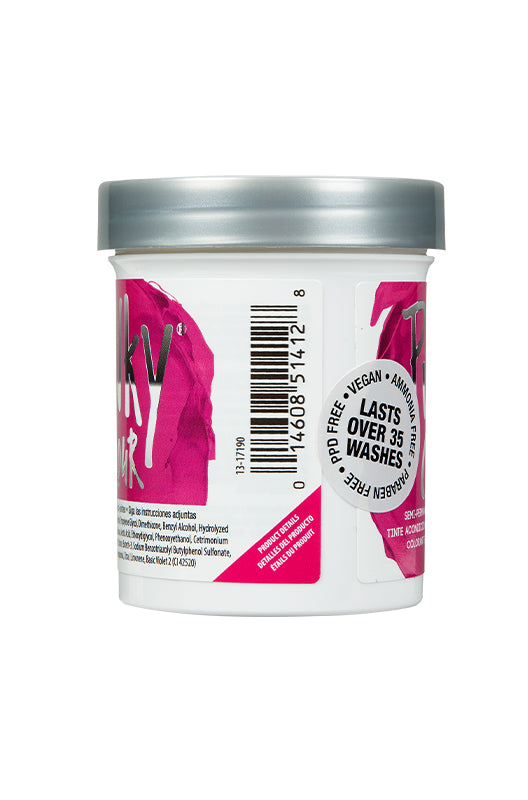 Side view of Punky Colour Flamingo Pink jar displaying product details, barcode, and the long-lasting, vegan-friendly formula.