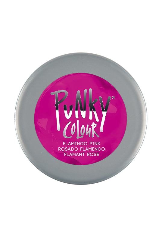 Top view of Punky Colour Flamingo Pink jar with its silver lid, featuring the bold branding and color label on the cap.