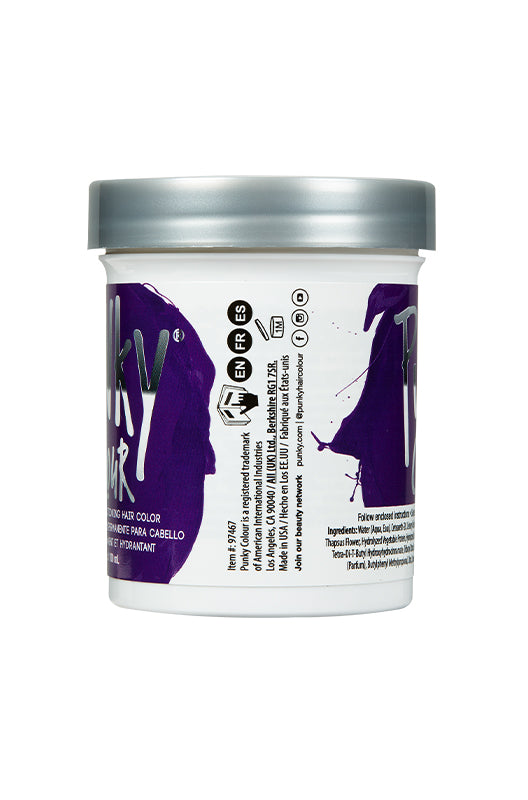 Punky Colour Plum Side View - Side label of Punky Colour Plum hair dye, displaying product details, barcode, and key ingredients.