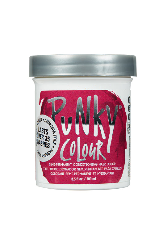 Punky Colour Red Rose hair dye jar – A sealed jar of semi-permanent hair color, promising vibrant, long-lasting red tones.