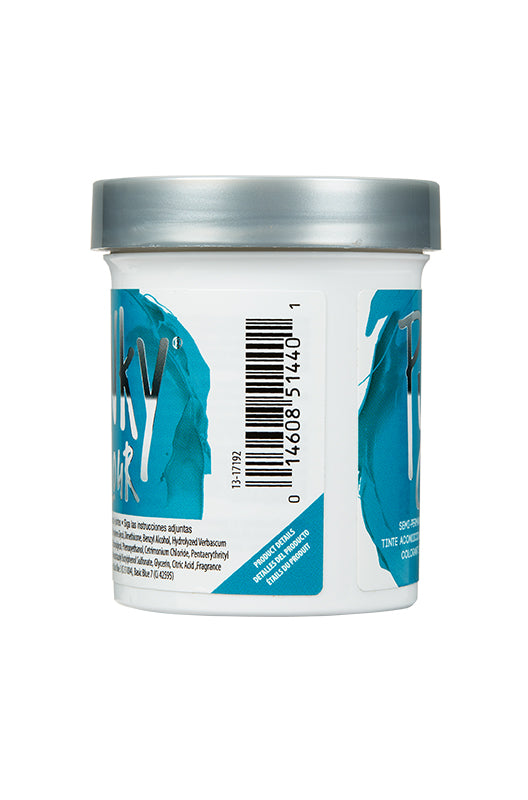 Punky Colour Turquoise hair dye side view – A close-up of the semi-permanent hair dye jar, showcasing barcode and product details.