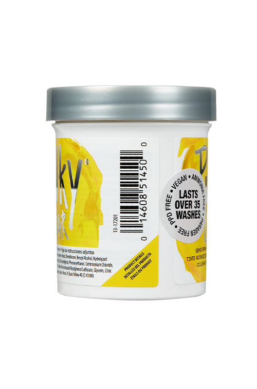 Punky Colour Yellow Hair Dye Side View – Side view of Punky Colour Bright Yellow hair dye, showing barcode, ingredients, and product details.