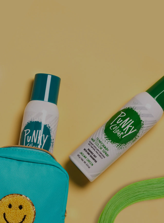 a bag with a can of Punky temporary spray hair color spray coming out of it, on top of a yellow background.