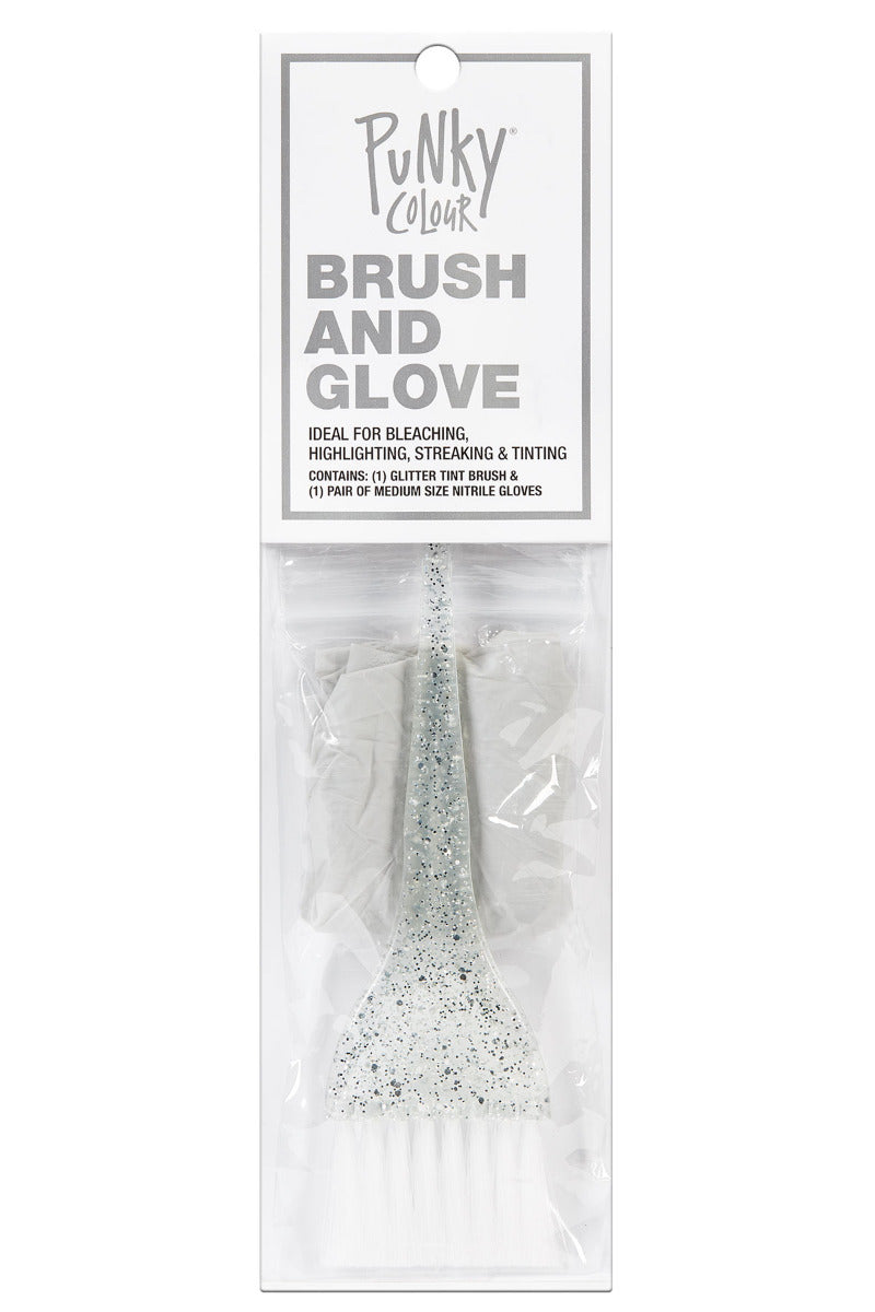 Punky Colour Brush and Glove Kit Silver Glitter Edition – Hair dye application kit with a glitter brush and nitrile gloves.