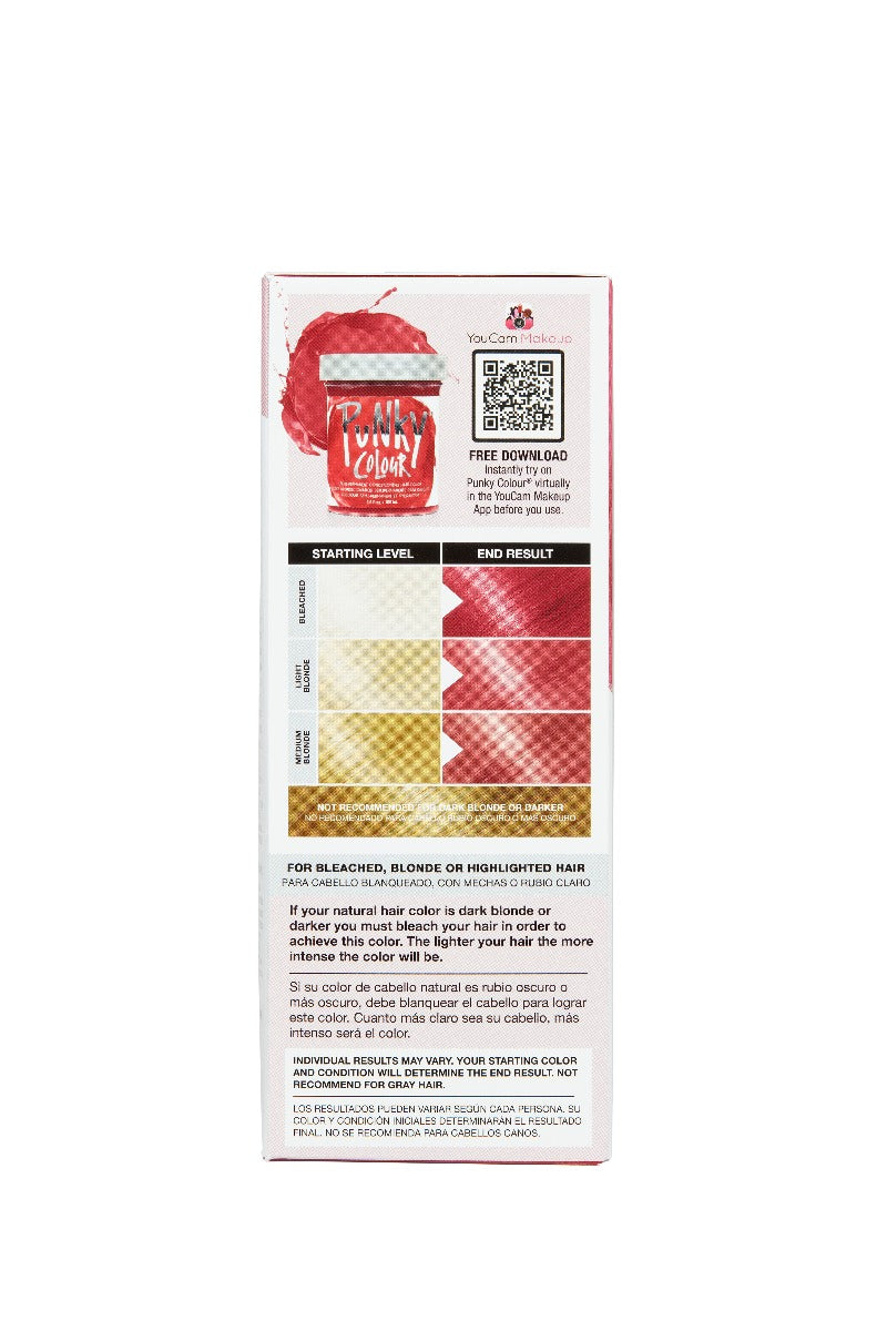 Left side face of Punky Colour Semi-Permanent Hair Color Kit with hair color result chart relative to bleach level