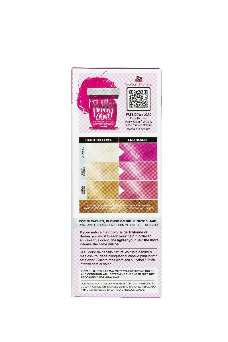 Left side of Punky Colour Flamingo Pink Kit box showing hair color result chart for different levels of bleached hair 