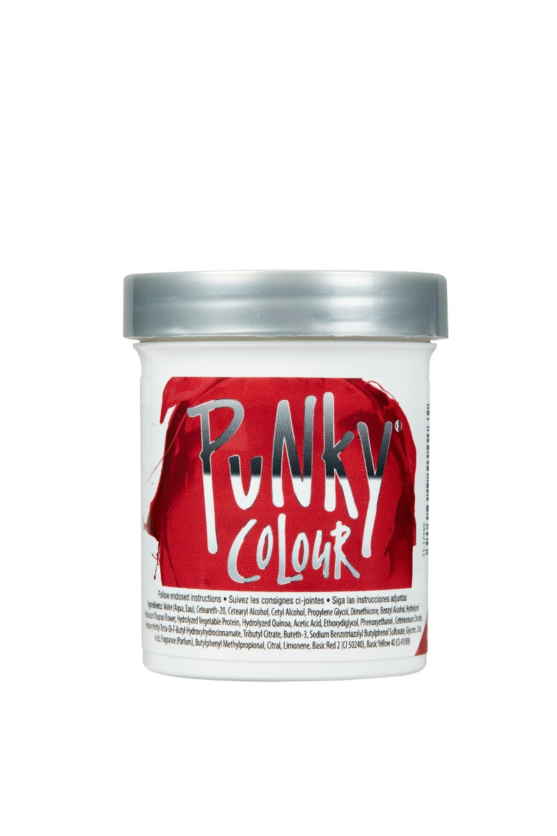 Punky Colour Vermillion Red hair dye back view – Vibrant red semi-permanent hair dye jar with ingredient details visible.