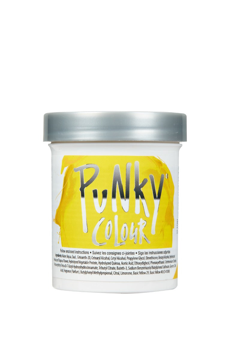 Punky Colour Yellow Hair Dye Front – Front packaging of Punky Colour Yellow semi-permanent conditioning hair color, lasts over 35 washes.