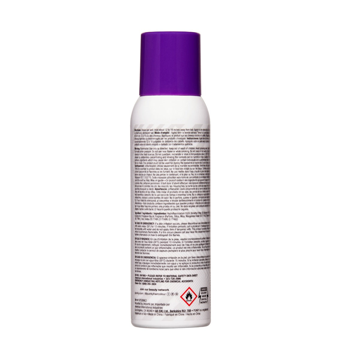 Punky Colour Panther Purple Spray back view – The product’s back label showing usage instructions, safety warnings, and ingredients