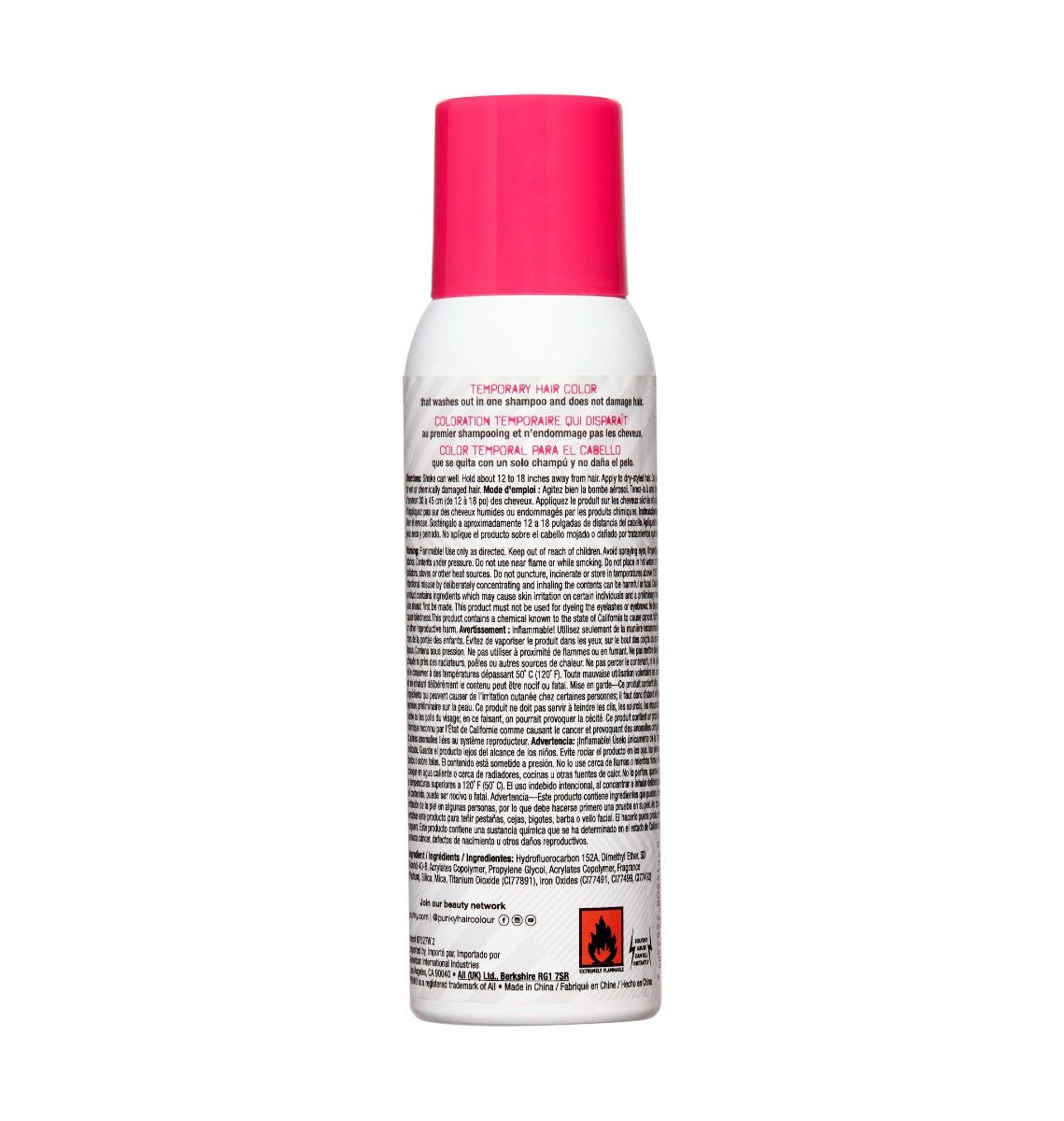 Punky Colour Lynx Pink Spray back view – The product’s back label showing usage instructions, safety warnings, and ingredients