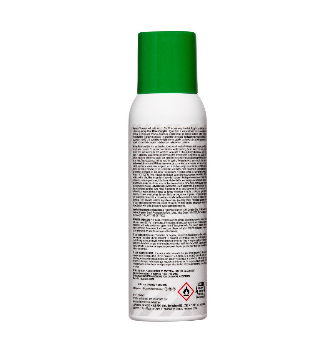 Punky Colour Jaguar Green Spray back view – The product’s back label showing usage instructions, safety warnings, and ingredients.